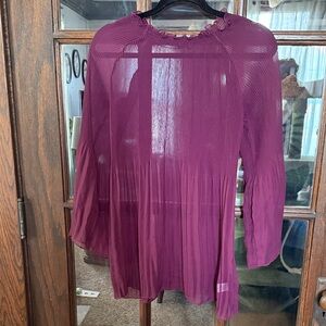 Dialogue Women Burgundy Pleated Sheer Chiffon Bell Sleeve Blouse Top Wine Medium